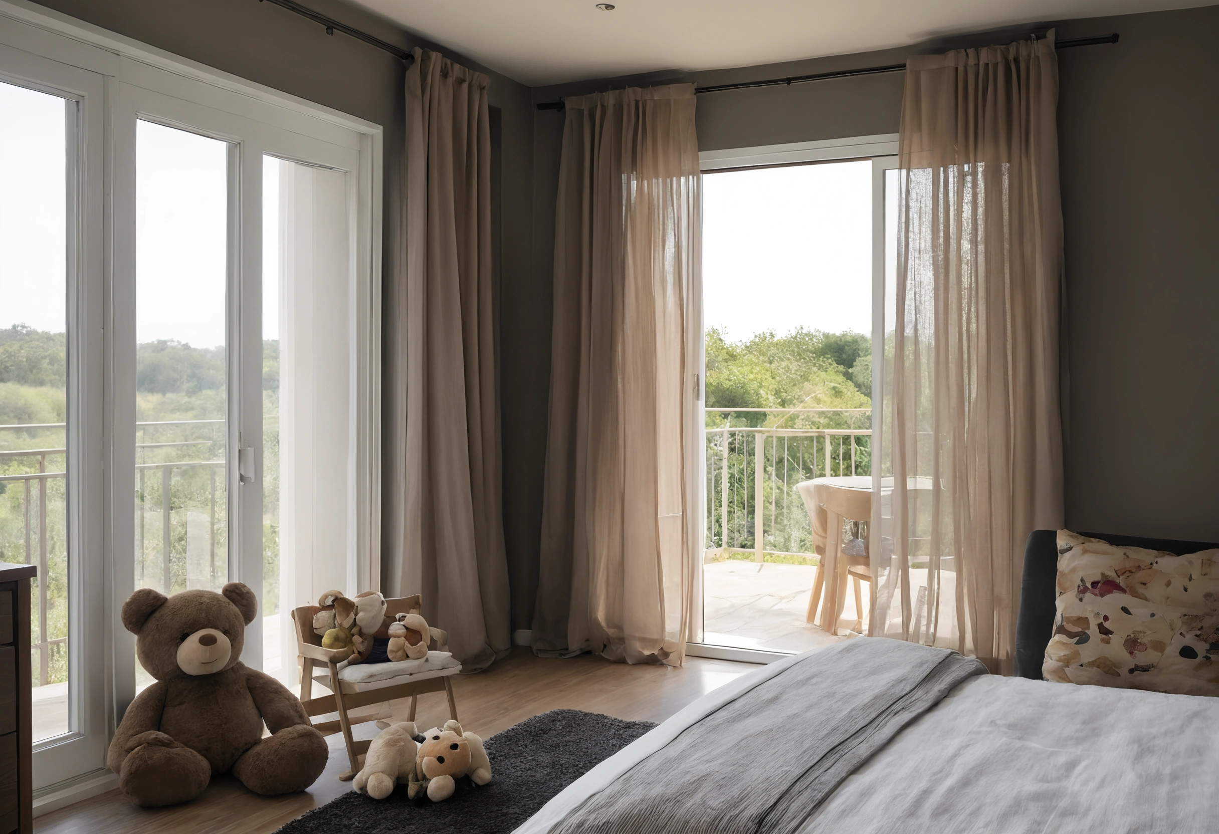 Child's bedroom with sheer and lined curtains on two tracks beside sliding doors to a balcony, soft toys on the floor