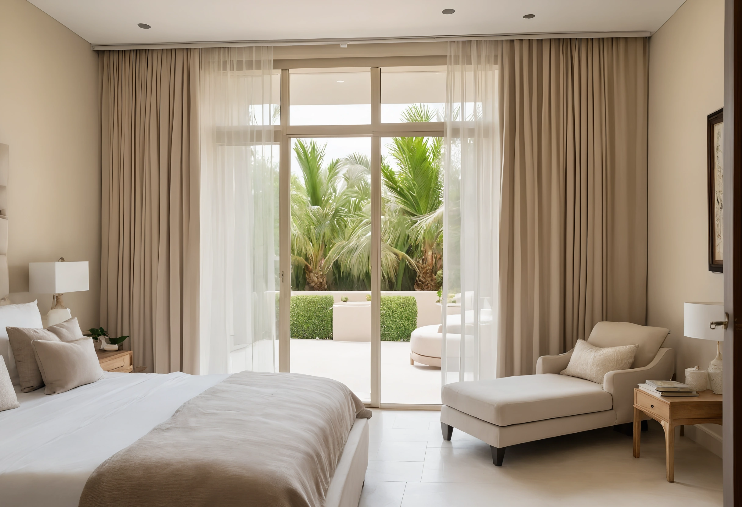 Master bedroom of a Dubai villa with a low bed, linen bedding, an armchair and sheer and lined curtains at a sliding door to a garden with palms