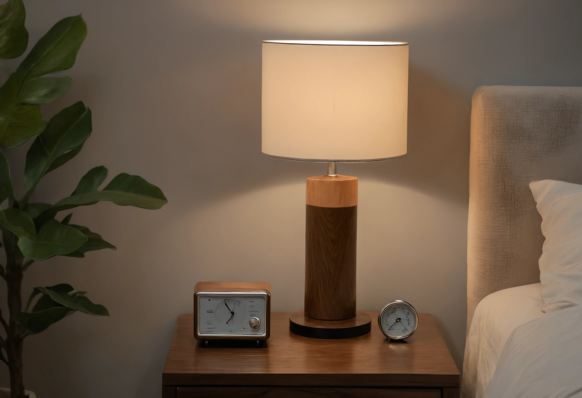 Bedside table with a warm lamp, a small clock and a round hygrometer beside an upholstered headboard