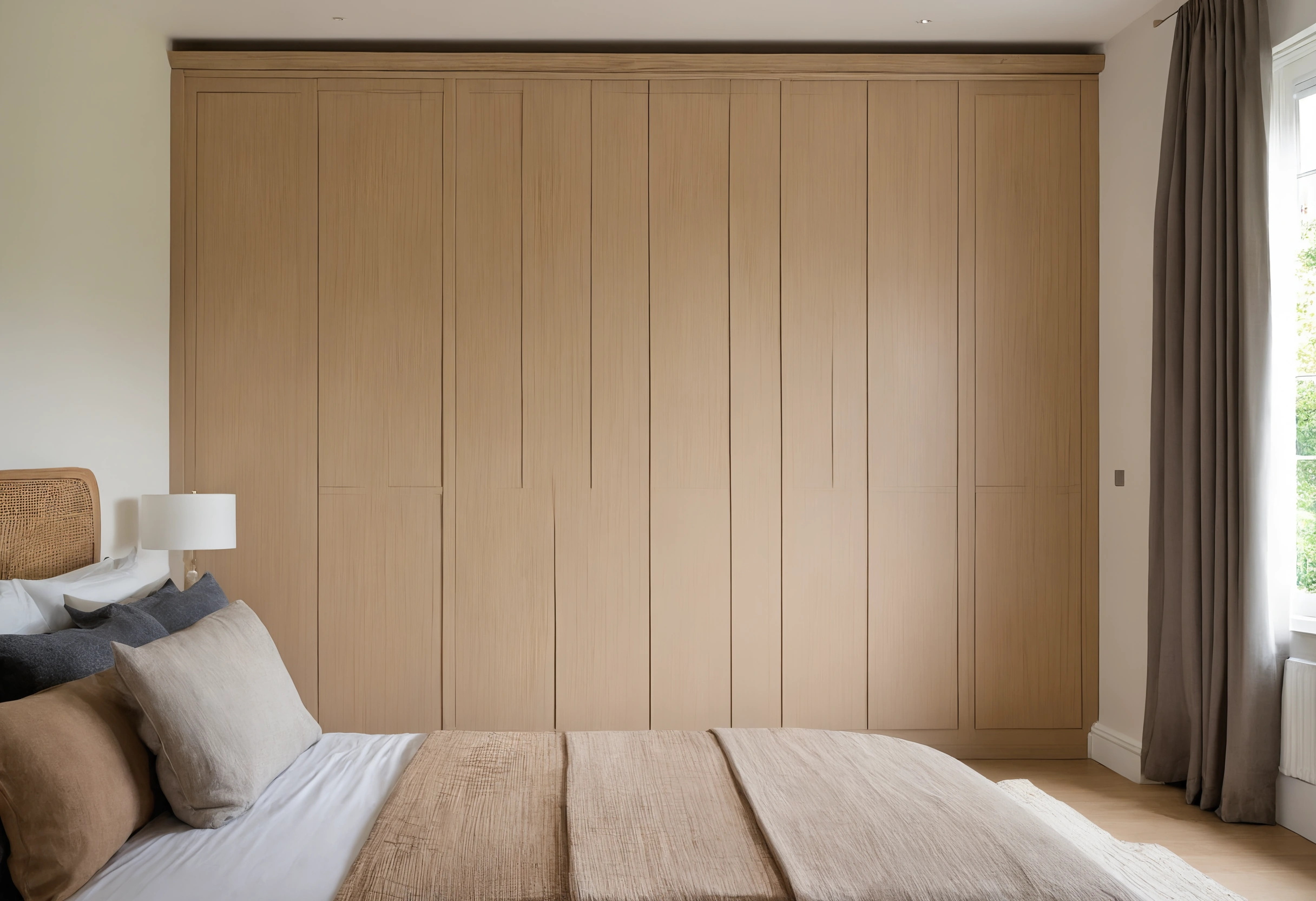 Full-height built-in wardrobe wall in pale oak veneer behind a bed with linen bedding